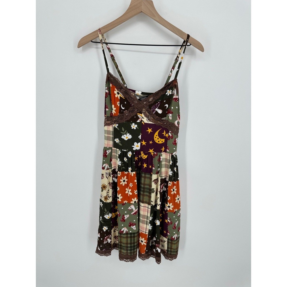 Thorn & Fable Dress Womens Small Multicolor Patchwork Mushroom Celestial Boho